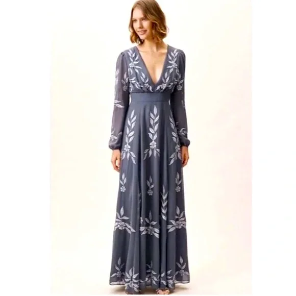 BHLDN | Dresses | Anthropologie Bhldn Hydrangea Belize Embroidered A Line Long  Sleeve Gown | Poshmark